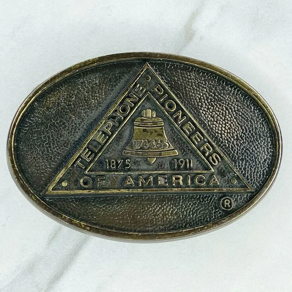 BTS 1978 Solid Brass Telephone Pioneers America Belt Buckle Vintage ✨